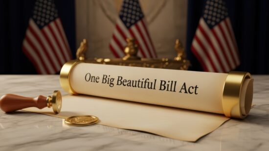 A rolled up bill with the text one big beautiful bill act sits on a desk with an official seal and stamp, with american flags in the background