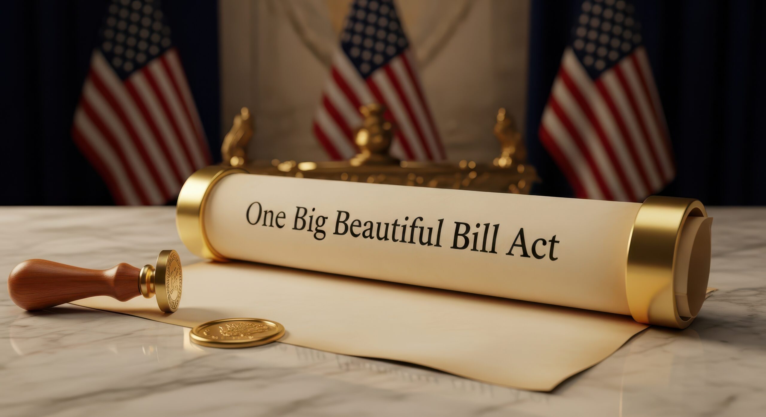 A rolled up bill with the text one big beautiful bill act sits on a desk with an official seal and stamp, with american flags in the background